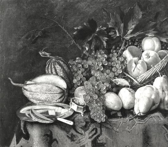 Anonimo — Autore non indicato - sec. XVII/ XVIII - Natura morta con frutta, piatto, cesto e tappeto — insieme